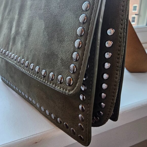 NEIMAN MARCUS STUDDED SUEDE Loden Green Shoulder Bag / CLUTCH / crossbody NWT - Picture 10 of 11